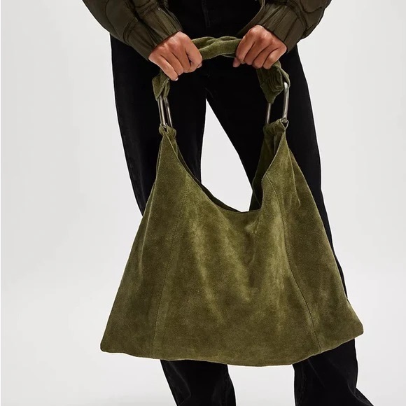 NWT FREE PEOPLE Bobbi Slouch Suede Tote | Khaki MSRP $98 - Picture 3 of 11